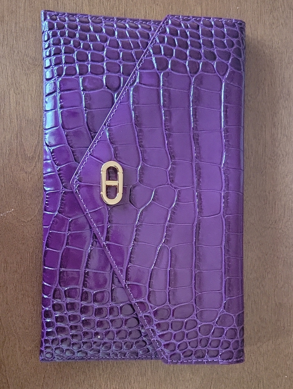 Croc-Embossed Purple Envelope Clutch with Gold Accent